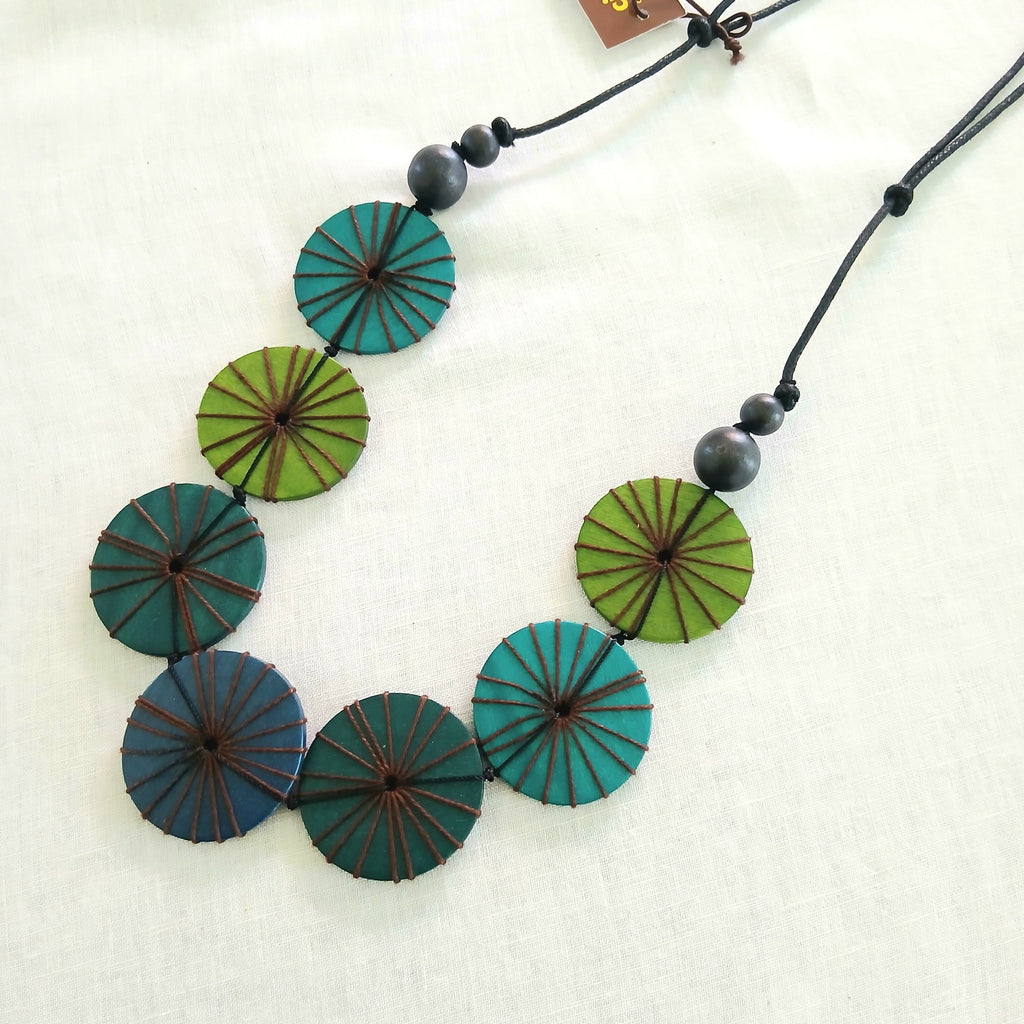 Large Blue Embroidered Wooden Necklace N7-281FCM