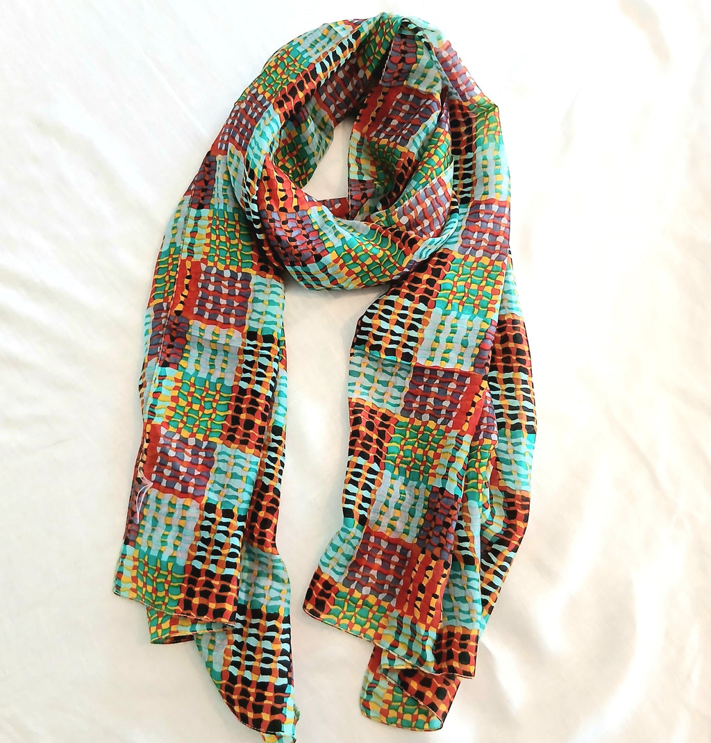 Pure Silk Scarf Lines and Squares Design Large TS-1146L col 1