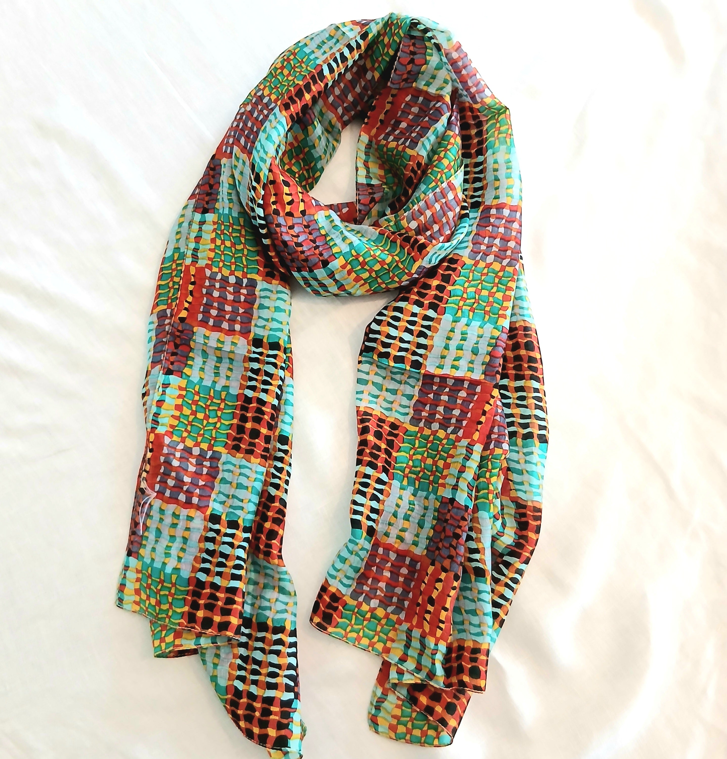 Pure Silk Scarf Lines and Squares Design Large TS-1146L col 1