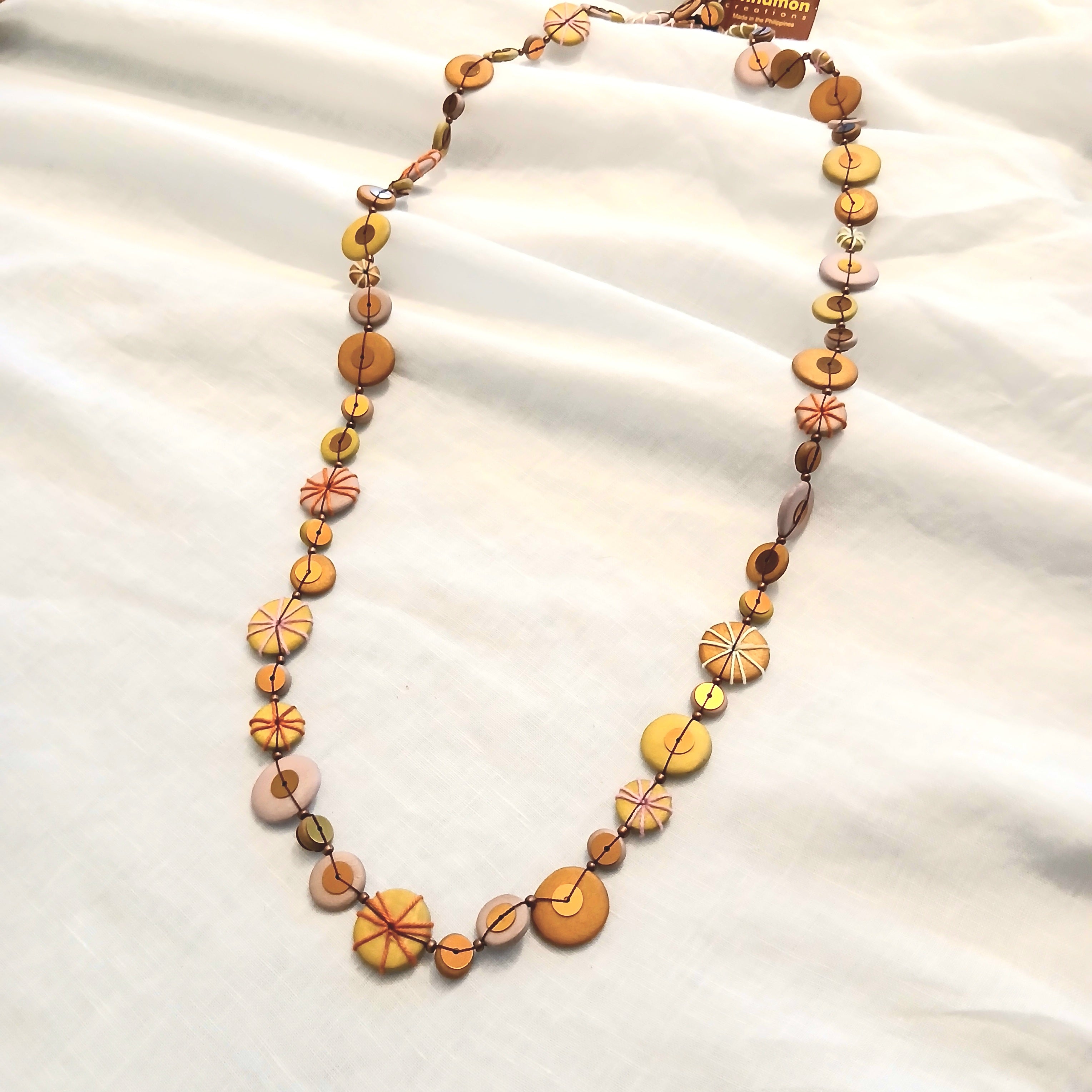 Long Embroidered Wooden Beads and Gold Necklace N7-1500